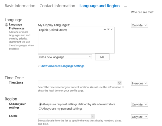 SharePoint Online Profile; Language and Region settings